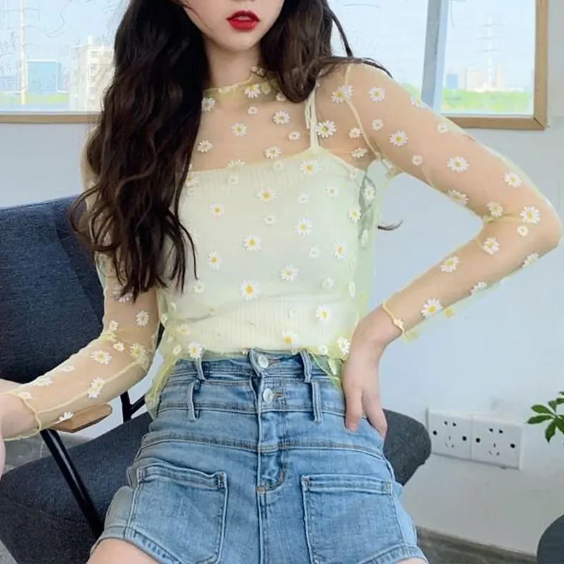 Women Sexy Daisy Mesh See Through T Shirt Cute Flower Pattern Crop Top Long Sleeve Beach Cover Transparent T Shirt Tops
