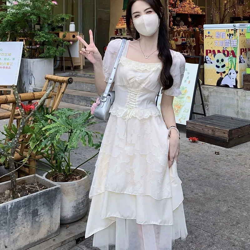 

2024 Summer New Style Irregular Short Sleeved Dress Women's Hepburn Style French Minority Sweet Tea Rest Long Dress