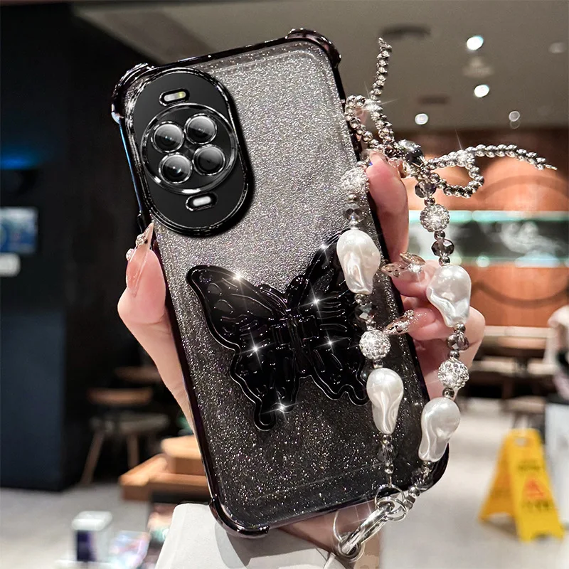 Gradient Glitter Pearls Butterfly Wrist Chain Holder Stand Shockproof Phone Case