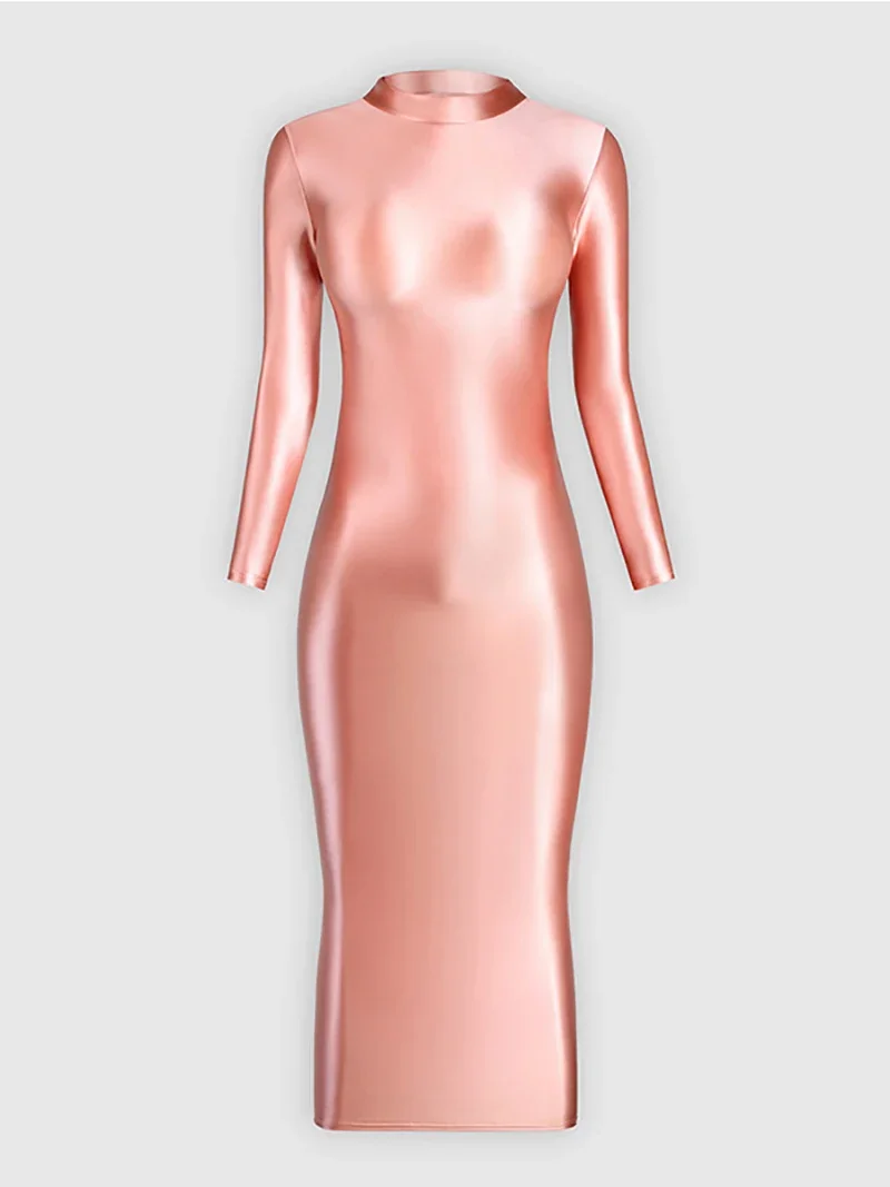 Girl dance costume Women Glossy Shiny Buttocks Sexy Jumpsuit Elastic Silk Smooth Dress High Neck Long Sleeve Dancewear Night Club Party Costume
