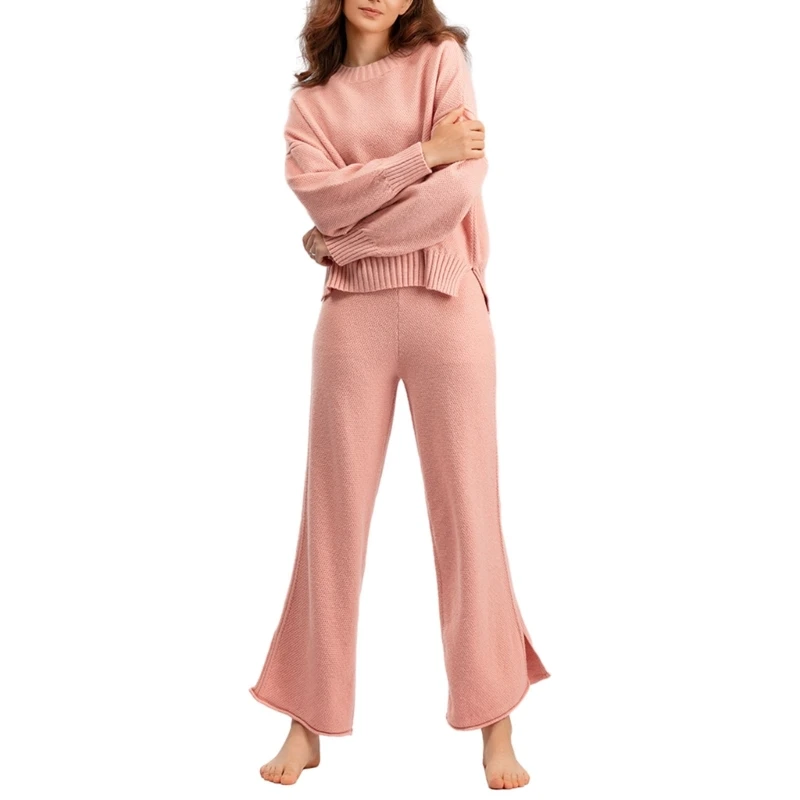 Stylish Women's Knit Set Long Sleeve Sweater Top with Wide Leg Pants for Girls