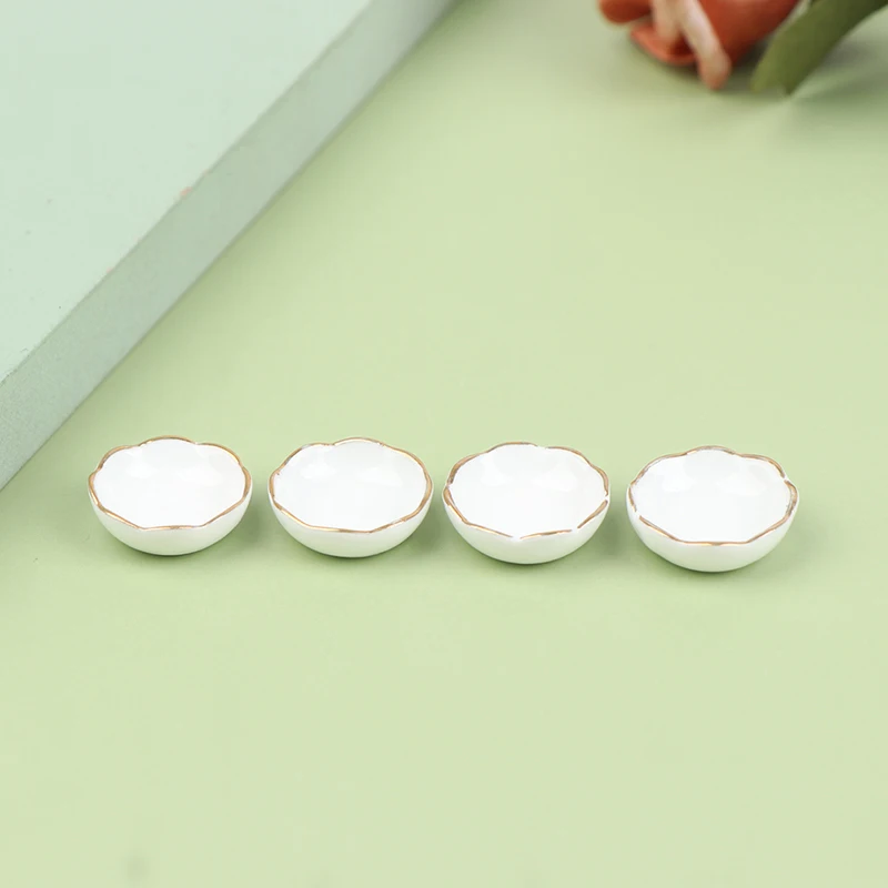 1:12 Dollhouse White Ceramic Gold Rimmed Bowl Dish Plate Food Plate Dishes Tray Dollhouse Miniature Kitchen Furniture Toys