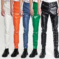 Moto Skinny Elastic Faux Leather Pants Men Black Gold White Thin PU Leather Trousers Brand Men Clothing 1