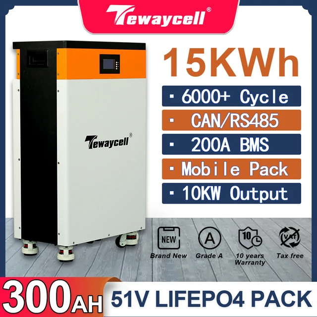Pack de batteries LiFePO4 Tewaycell 16KWH Powerwall 51.2V 300AH avec BMS 200A intégré, CAN, RS485, APP, BT, moniteur, système d'énergie solaire ESS 1