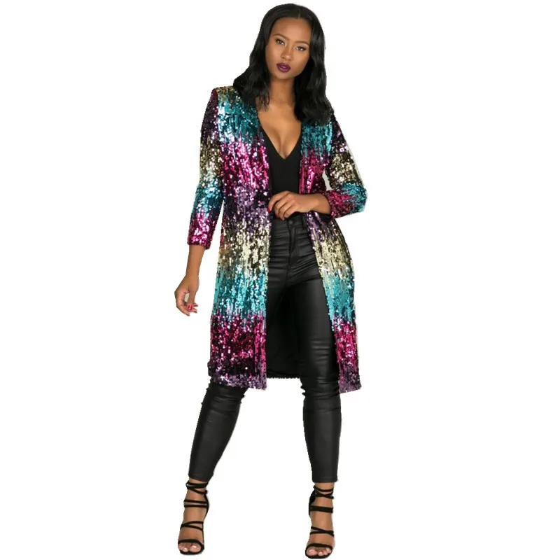 

Womens Colorful Sparkly Sequins Cover Ups Long Sleeve Open Front Cardigan Coat Sequin Mid Trench Coat Casual Cardigan Jacket