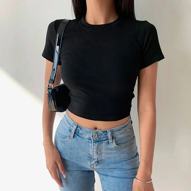 Short Sleeve T-Shirt Women Solid Simple Casual Soft All-Match Basic Crop Tops Tees Summer Fashion Skinny Tops Black White 3