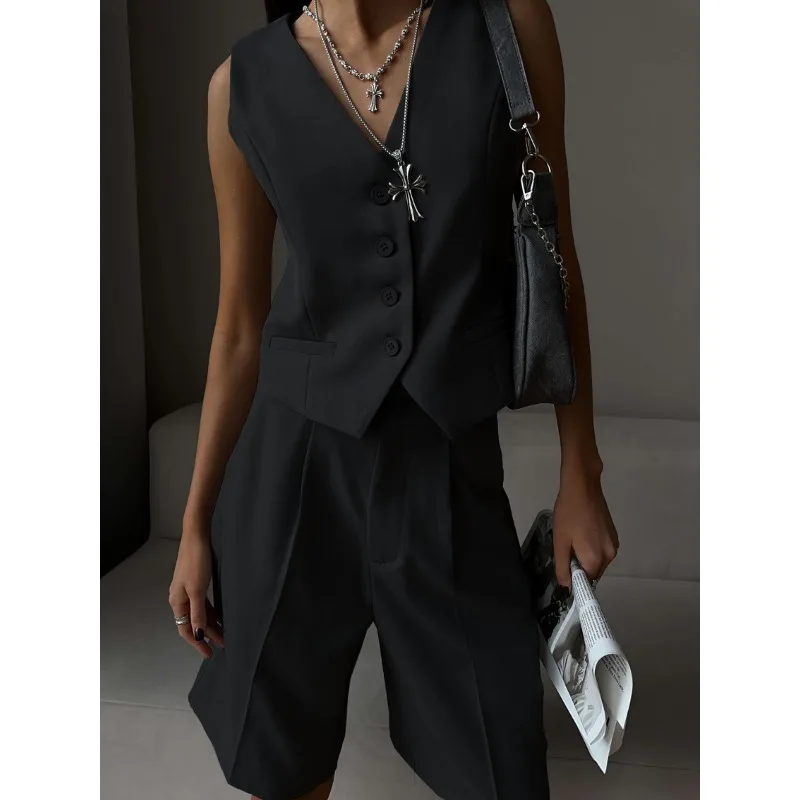 V-Neck Sleeveless Female 2 Piece-Set Casual Slim Straight Trousers Pocket Solid High Street Outfits Fashion Shorts Sets