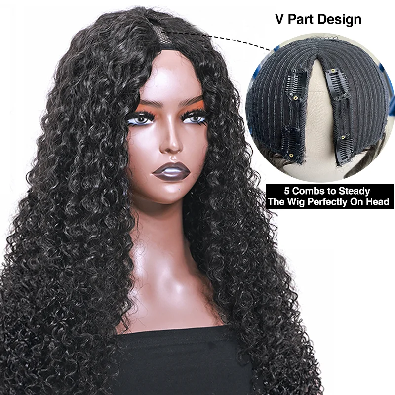 Human Hair Wig, Human Hair Wigs, Curly V Part Wig Human Hair No Leave Out Glueless U Part Human Hair Wigs for Women 250% Brazilian Deep Wave Frontal Wig