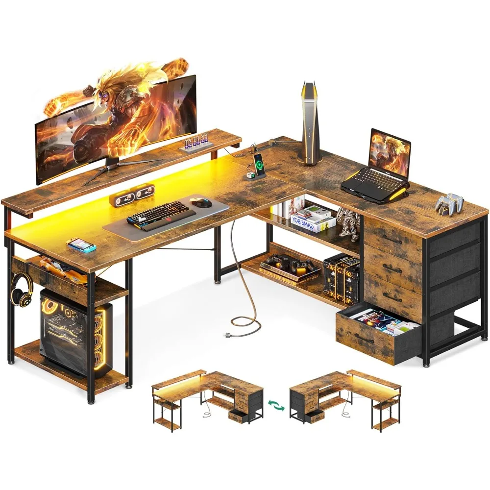 

61" L Shaped Desk with Drawer, Computer Desk with Power Outlets & LED Lights, Reversible Corner Gaming Desk for Home Office