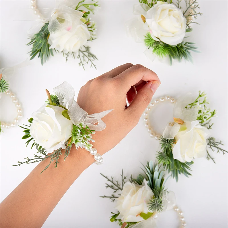 

Corsages For Women Men Rose Breast Flower Bridesmaid Bride Wrist Flowers Artificial Rose Pearl Bracelets Wedding Party Supplies