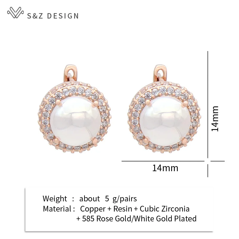 S&Z DESIGN New Fashion Round Simulated-pearl Drop Earrings For Women Elegant Wedding 585 Rose Gold Color Cubic Zirconia Jewelry