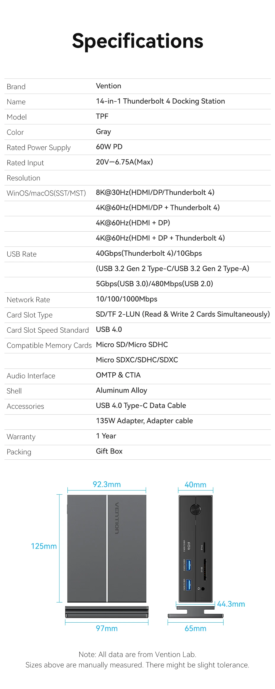 Thunderbolt 4 Dock, USB C Hub 14-Port 8K@30Hz Multifunctional USB HUB Docking St