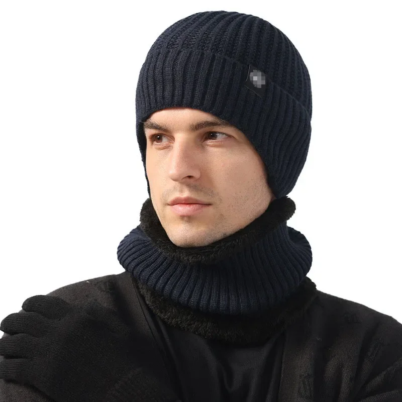 Outdoor Men Winter Knitted Hat Plush Warmth Peaked Cap Earmuff Casual Fashion Faux Fur Lined Bomber Hats Cycling Ear Protection 4