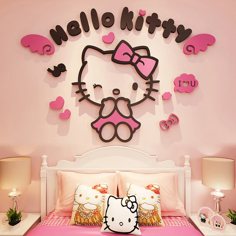 Sanrio Camera Dei Bambini 3D Wall Sticker Hello Kitty Cartoon Genuino Acrilico Ragazza Camera Da Letto Comodino Decorazione Sticker Regalo Carino