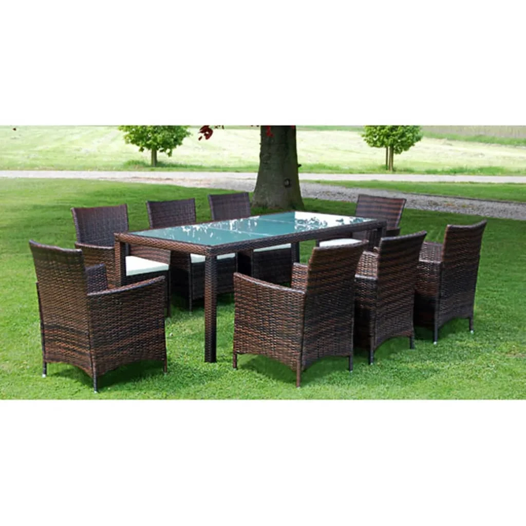 

9 Piece Patio Dining Set with Cushions Poly Rattan Brown A Outdoor Table and Chair Sets Outdoor Furniture Sets