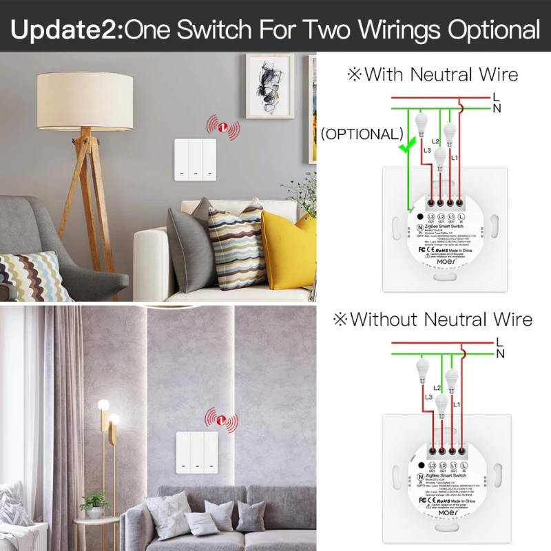 Tuya ZigBee Smart Light Switch With/without Neutral Wire No Capacitor Needed Smart Life 2/3 Way Works With Alexa Google 2mqtt