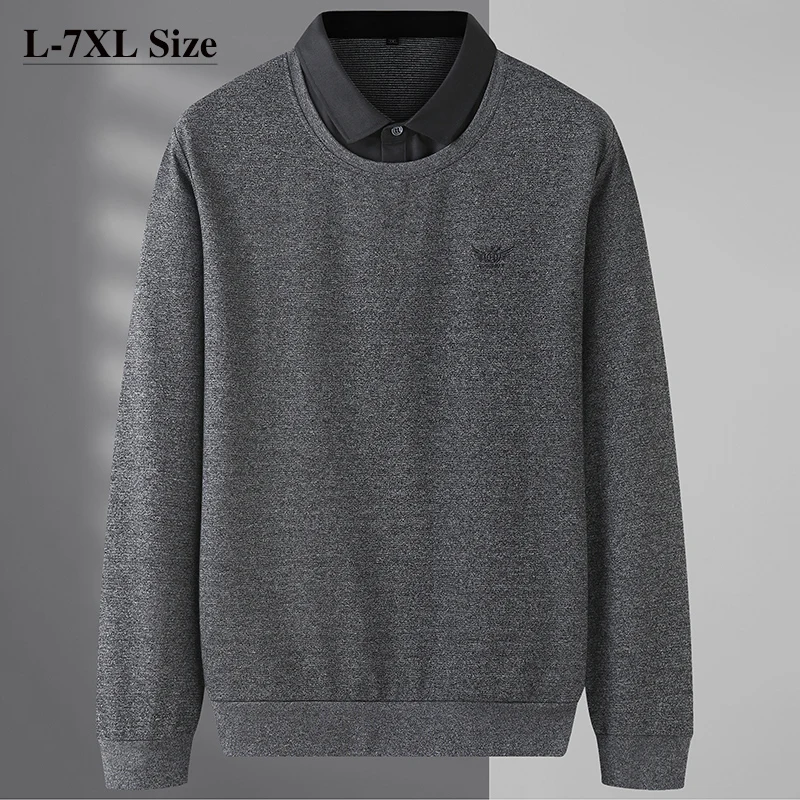 

Plus Size 6XL 7XL Autumn Men's Fake Two Piece Pullover Sweater Coat Baggy Casual Solid Long Sleeve T-shirts Male Black Gray