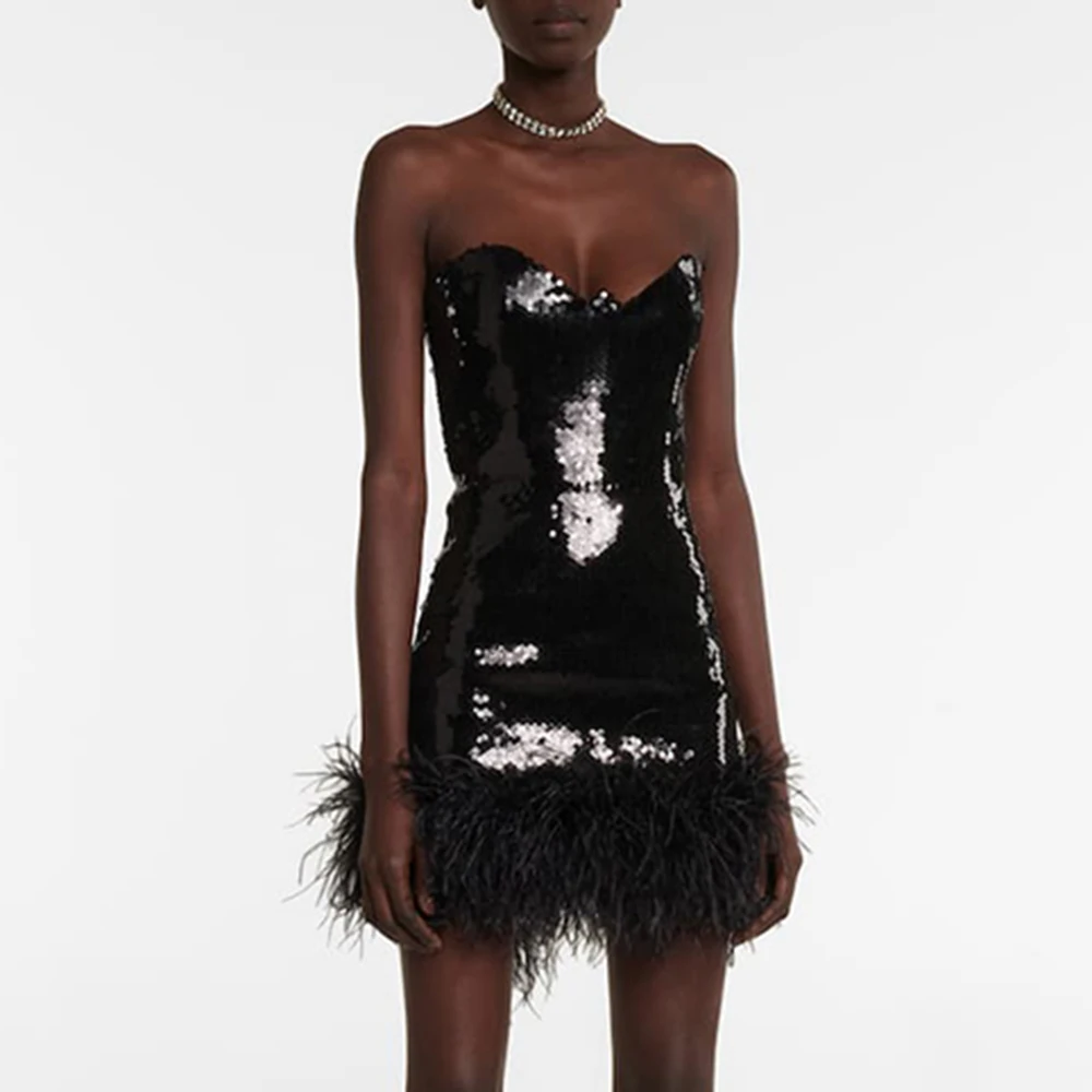 

2023 New Women's Black Off Shoulder Sleeveless Strapless Sequin Feather Bodycon Celebrity Club Party Sexy Runway Evening Dress