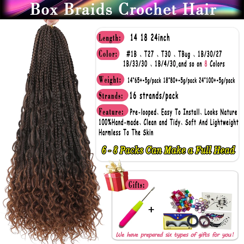 Ombre Goddess Box Braids Crochet Hair 14 18 24 Inch Dark Brown Chocolate Ginger Bohemian Crochet Braids with Curly End