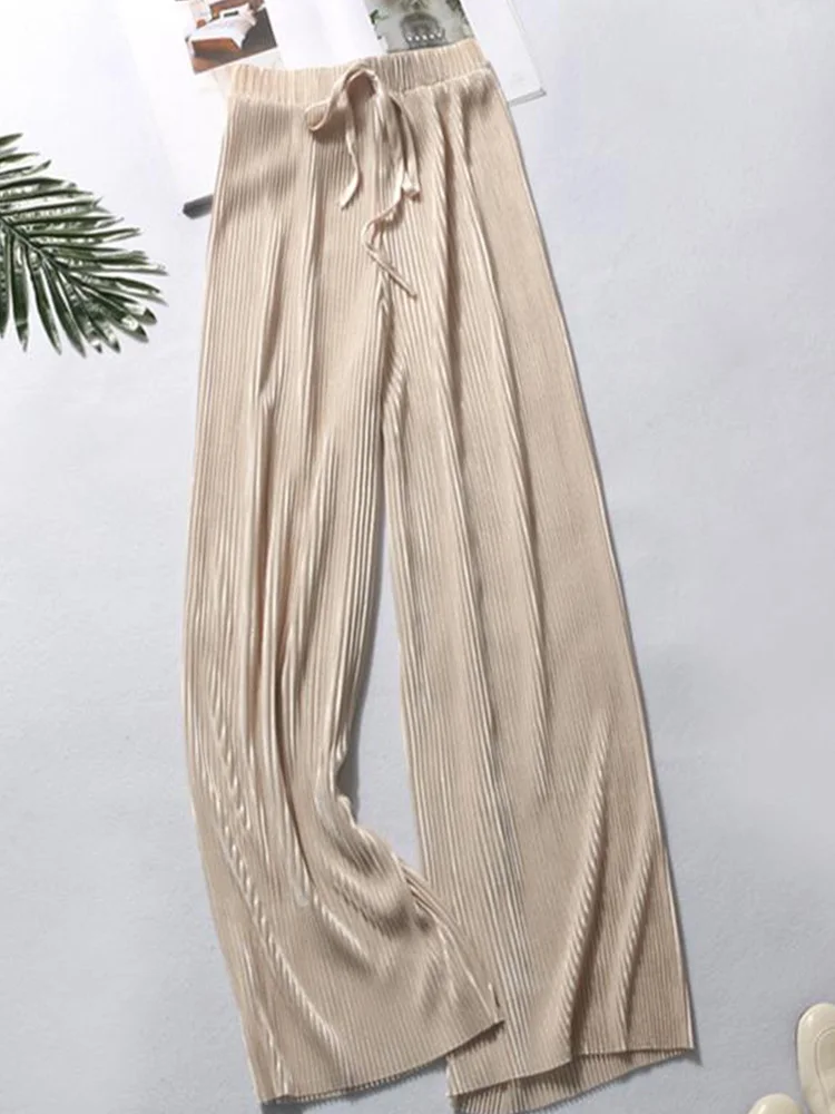 

Summer Wide Leg Pants For Women Casual Elastic High Waist 2022New Fashion Loose Long Pants Pleated Pant Trousers Femme