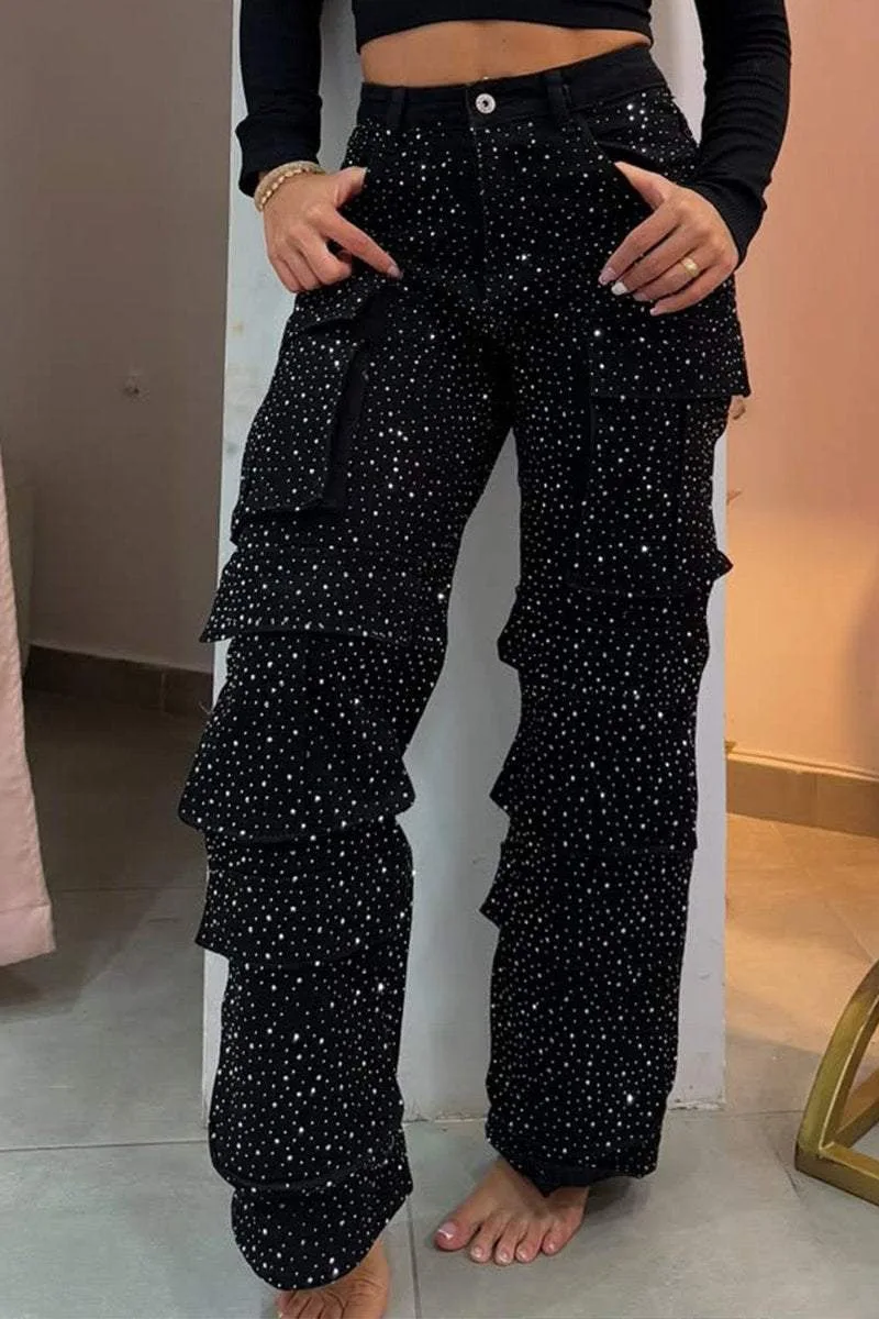 2025 New High Waist Black Rhinestone Multi-Pocket Work Jeans Street Style High Quality Fashionable Straight Jeans 2