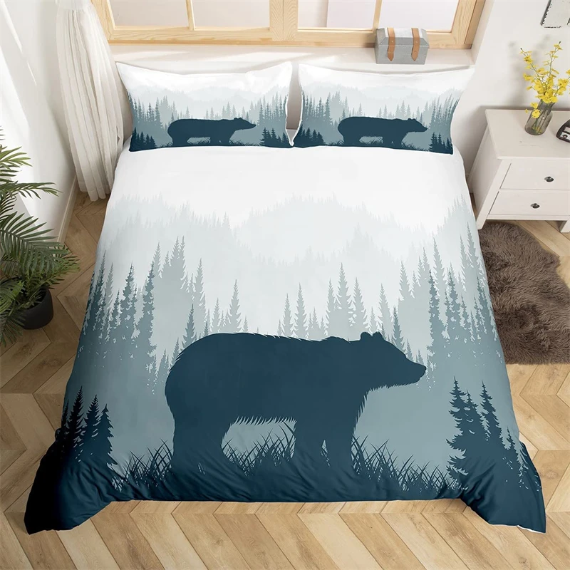 

Kids Boys Girls Teen Woodland Duvet Cover Deer Bear Wildlife Silhouette Duvet Cover King Tree Bedding Set Home Room Decor Gifts