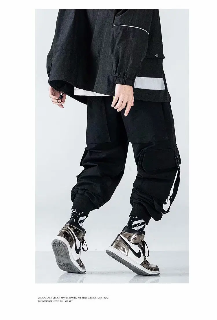 Techwear Ribbons Hip Hop Tactical Cargo Pants Men's Casual Letter Embroidery Streetwear Dance Sport Pencil Pants Male Trousers black cargos