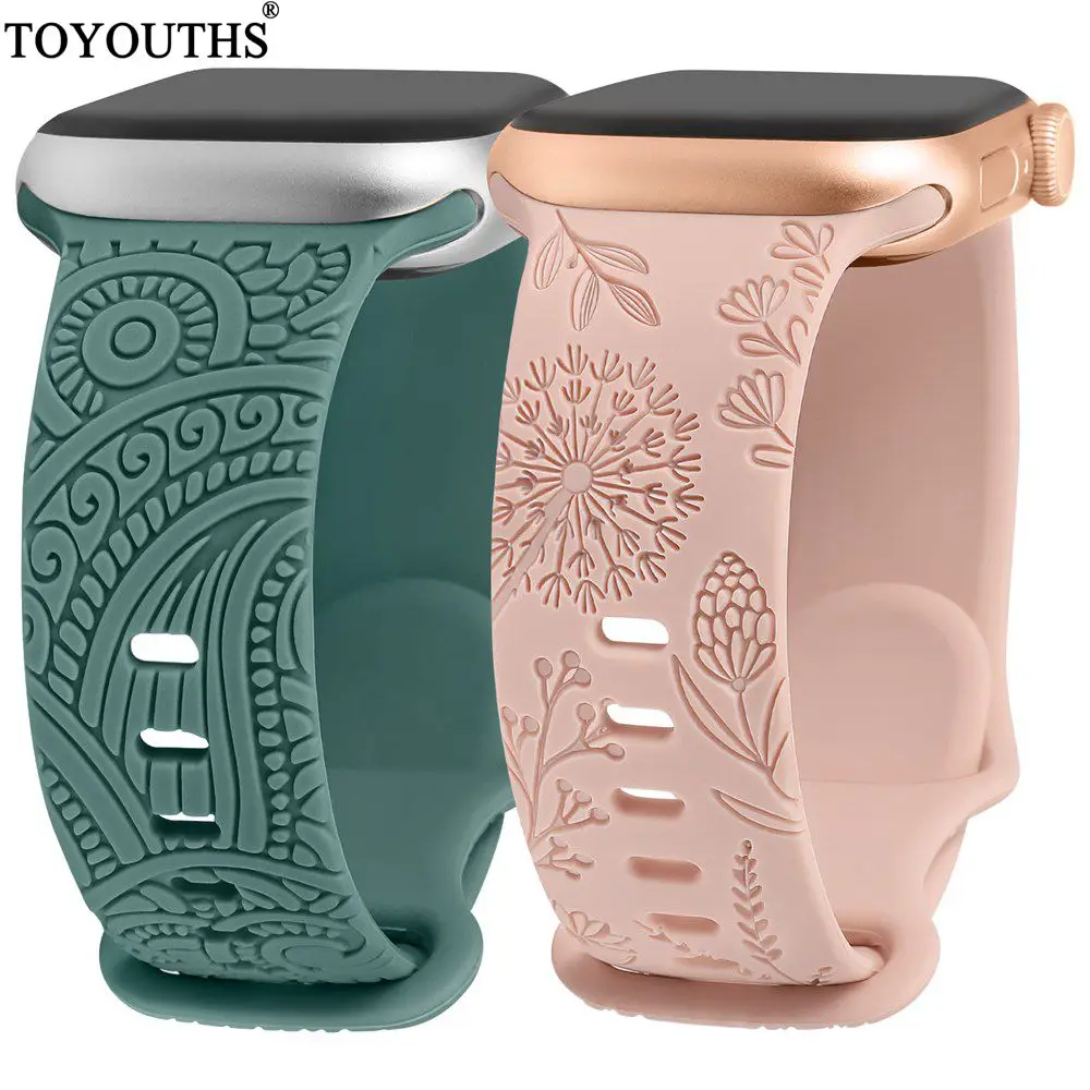 

Toyouths 2 Packs Engraved Band for Apple Watch 41mm 40mm 38mm 44mm 45mm Floral Silicone Sport Strap for iWatch 8/7/6/5/4/3/2/SE