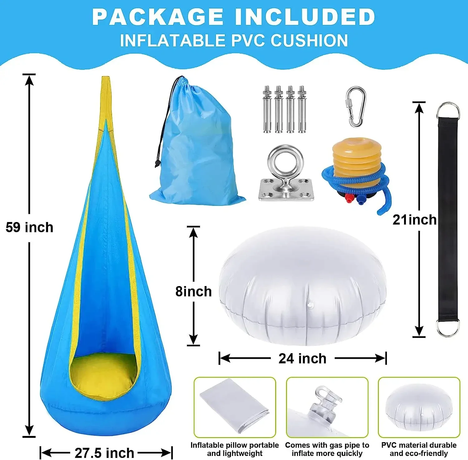 Kids Swing Seat 100% Cotton Hammock Chair Children's Outdoor Patio Swing Inflatable Hanging Chair Kids Garden Hanging Chair