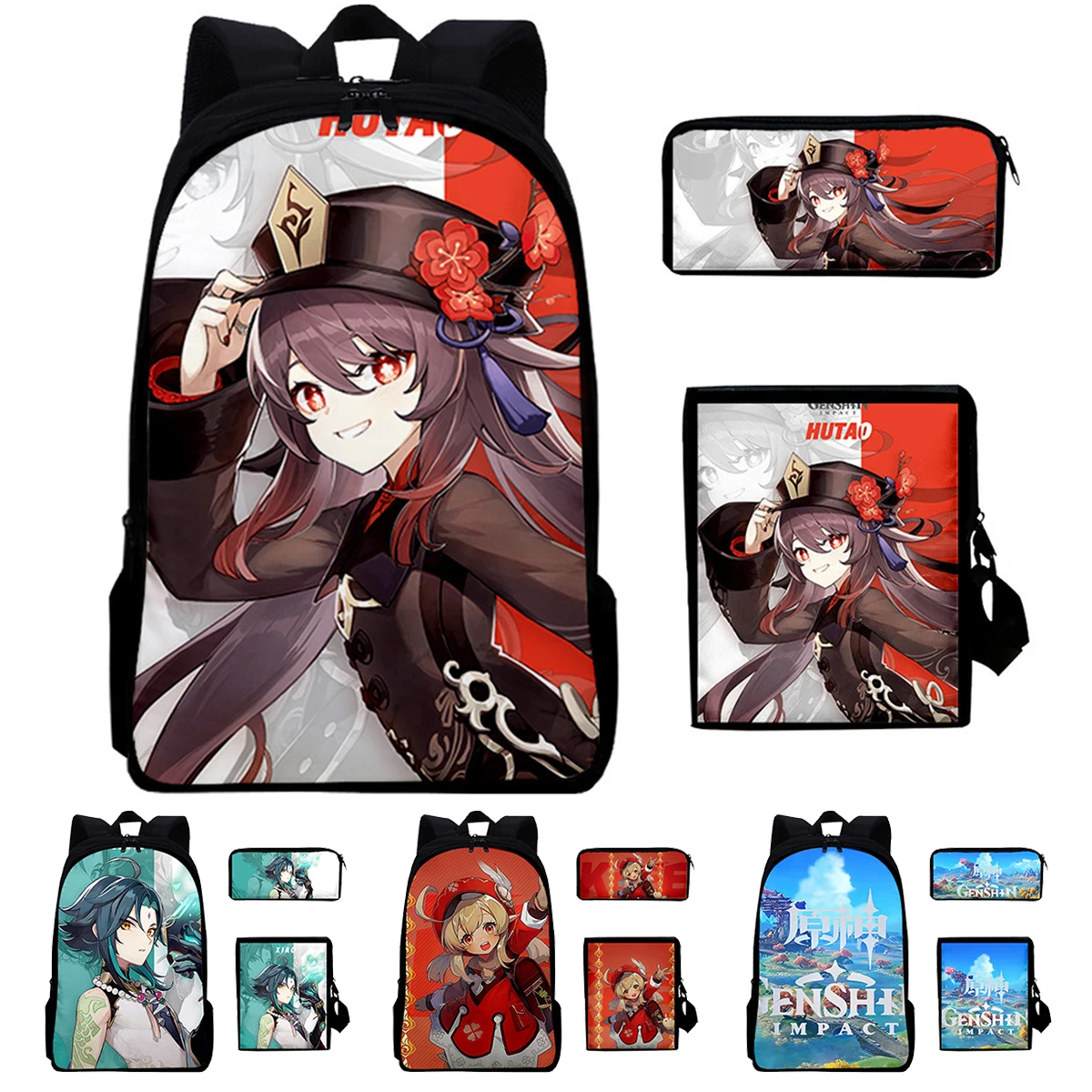 

New 3pcs Set Game Genshin Impact Backpack Hutao Klee Xiao Zhongli Tartaglia Keqing Figures Kids School Bags Travel Bag Children