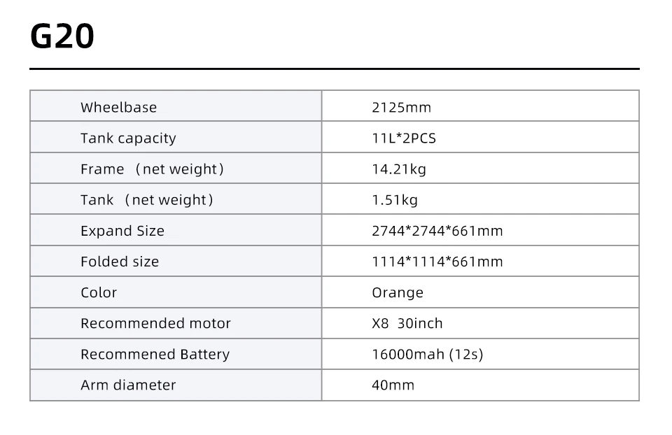 EFT G20 22L Agriculture Drone, 620 Wheelbase 2125mm Tank capacity IIL*2PCS Frame (net weight