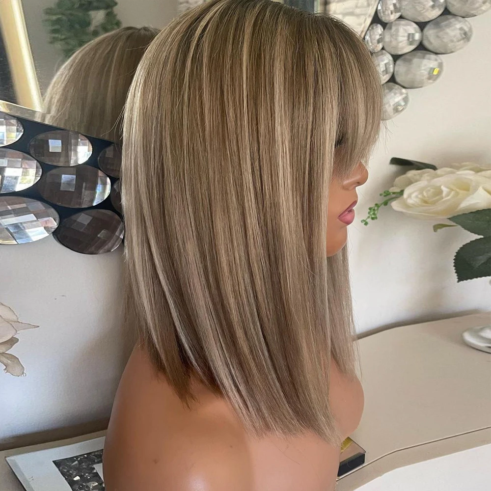 New Bob Wig Ash Blonde Highlight Synthetic Wig with Bangs for Women Short Straight Ash Roots Heat Resistant Cosplay Hair