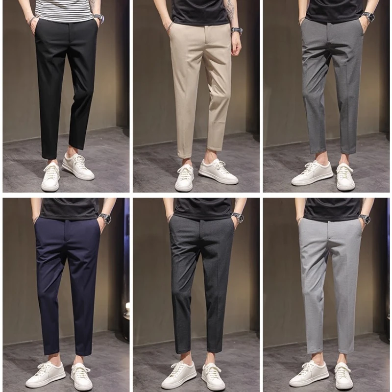2025 Summer Thin Navy Blue Micro Elastic Ankle-Length Pants for Men, Khaki Small Footed Men's Casual Cropped Trousers,Asian Size 1