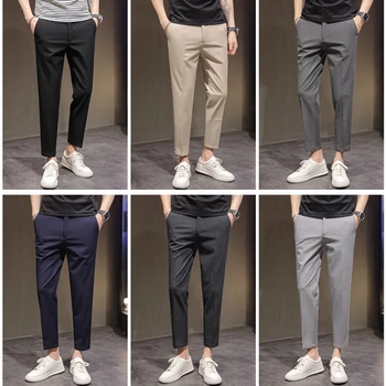 2025 Summer Thin Navy Blue Micro Elastic Ankle-Length Pants for Men, Khaki Small Footed Men's Casual Cropped Trousers,Asian Size 1