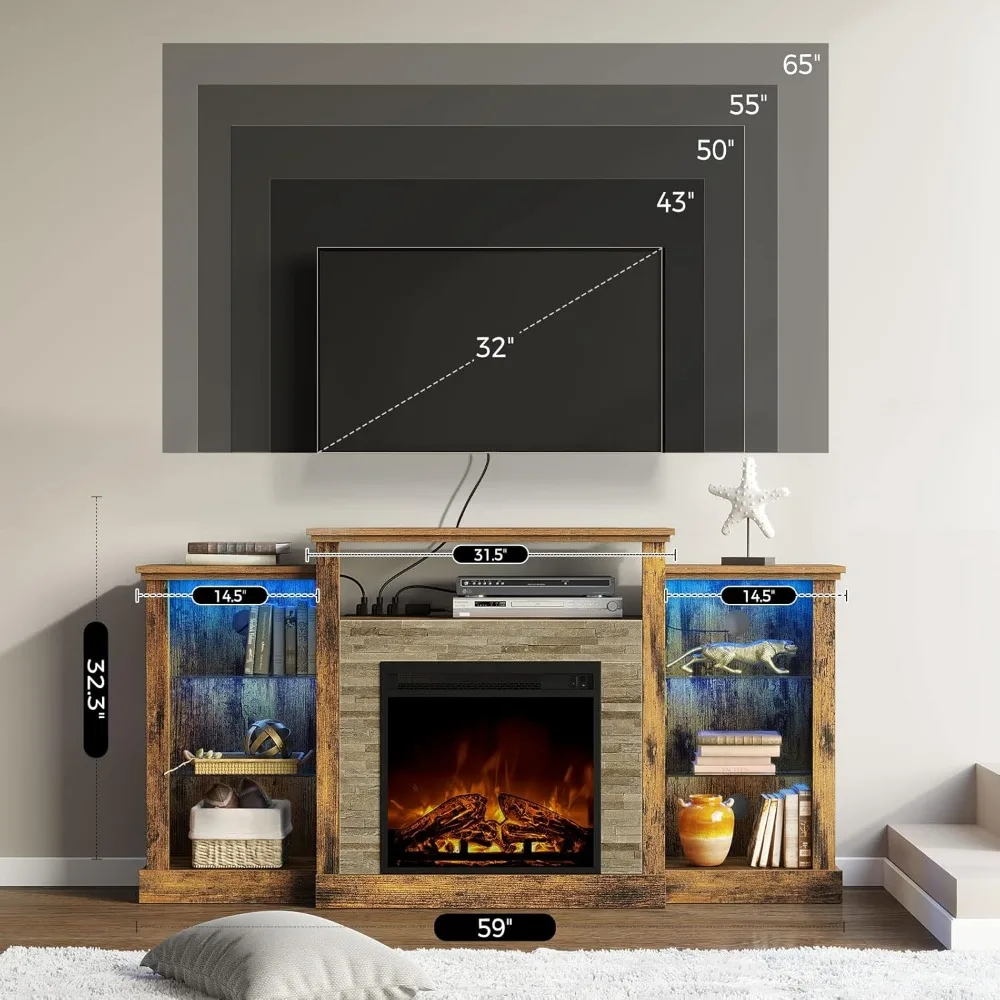 Fireplace TV Stand with Led Lights and Power Outlets, TV Console for TVs up to 65", Entertainment Center 6