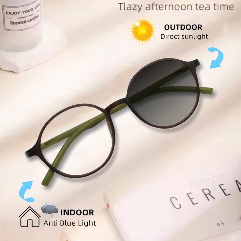 Brand Design Vintage Round Green Frame Anti Blue Light Photochromic Reading Glasses Men and Women Prescription Custom Glasses - Image 2