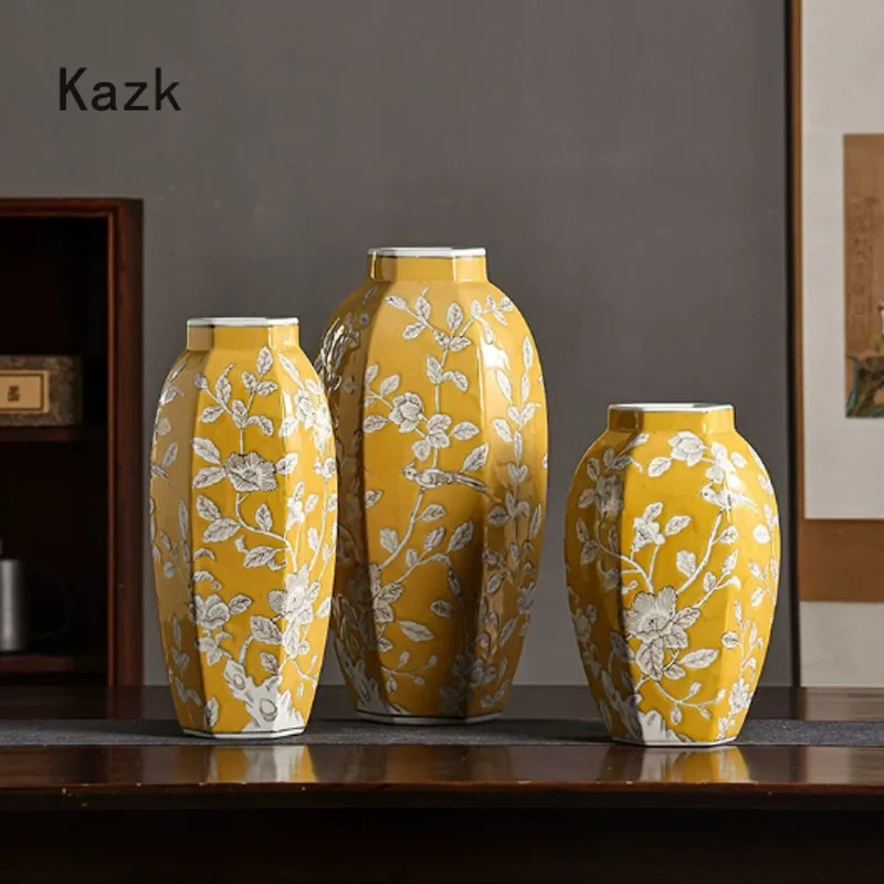 

Light Luxury Yellow Hexagonal Ceramic Vase Modern Home Decor Living Room Hydroponic Culture Flower Vase Desktop Decoration Vases