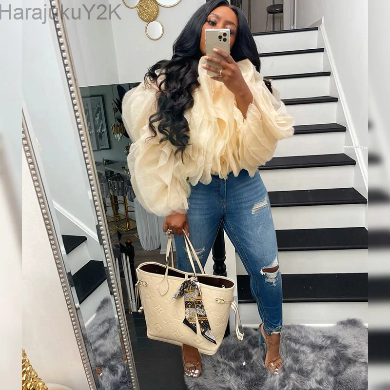 

Women Elegant Ruffled Layered Puff Sleeve Top 2022 Summer Female Solid Petal Chiffon Long Sleeve Cropped Blouse Streetwear