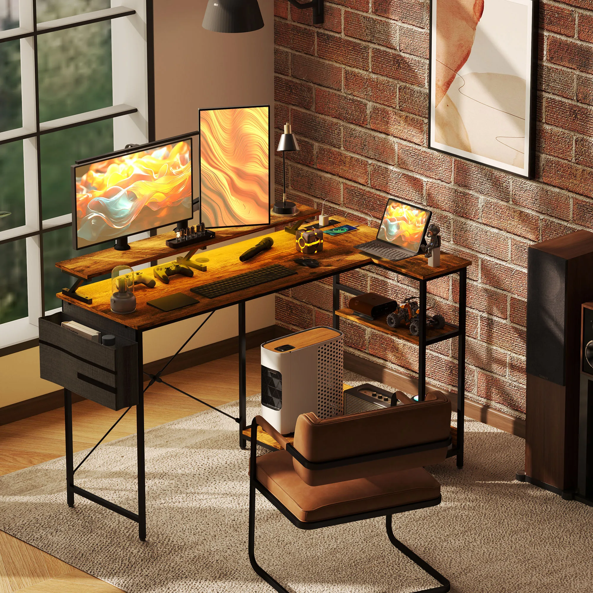 58" Reversible L Shaped Computer Desk, Corner Desk with Monitor Stand, Power Outlets and Led Lights, Black 2