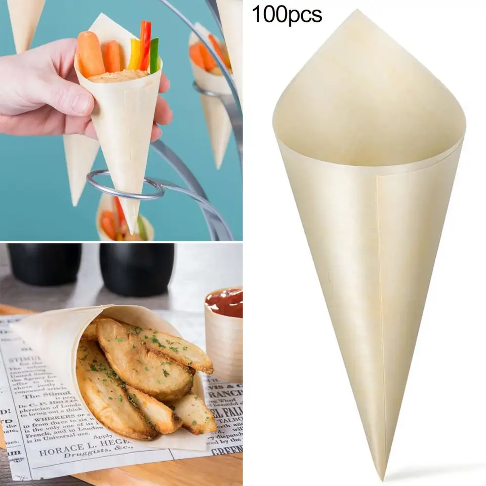 DECHOUS 100pcs Wooden Tasting Cones - Disposable Wood Cones For Ice Cream, Snacks, Parties