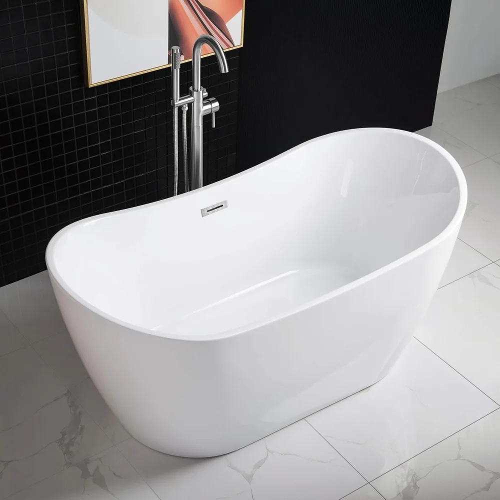 59" Acrylic Contemporary Soaking Tub with Chrome Overflow and Drain，Acrylic and Reinforced with Fiberglass，Freestanding Bathtub 2