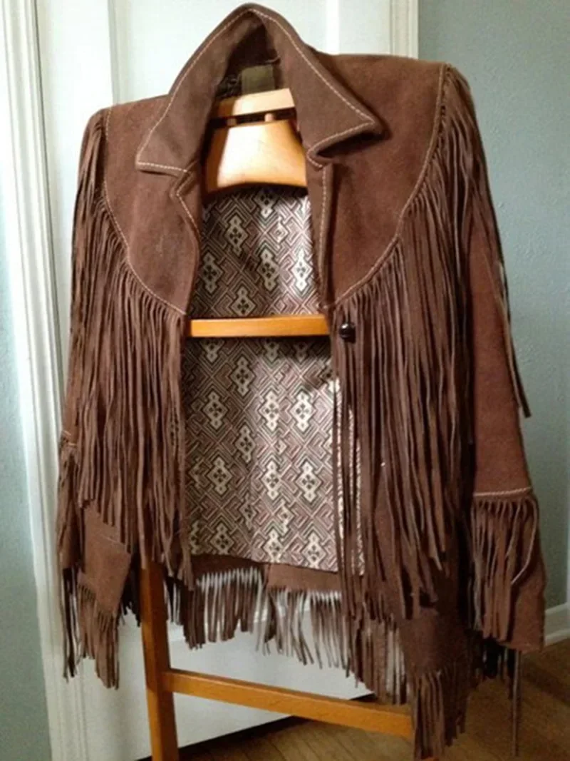 Long Sleeve Ethnic Jacket with Suede Fringe Casual Lapel Pocket Leather Jacket Woman Tassel Coat Autumn Street Outwear 2025