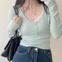 T-shirts à manches longues pour femmes, Slim, boutons en dentelle, Kawaii, Y2k, hauts décontractés, pulls, nouvelle collection printemps 2024 4