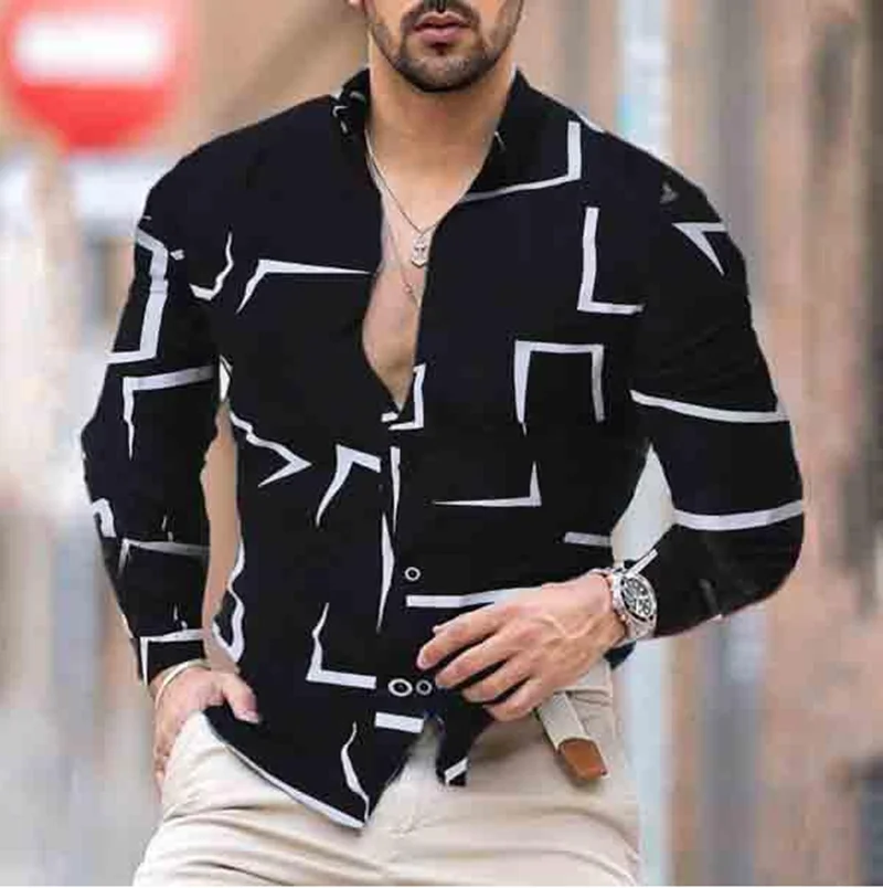 

Men's Casual Long-sleeved Shirt Autumn Fashion Geometry Print Slim Lapel Party Shirt Male Dress Shirt Streetwear Men Clothes