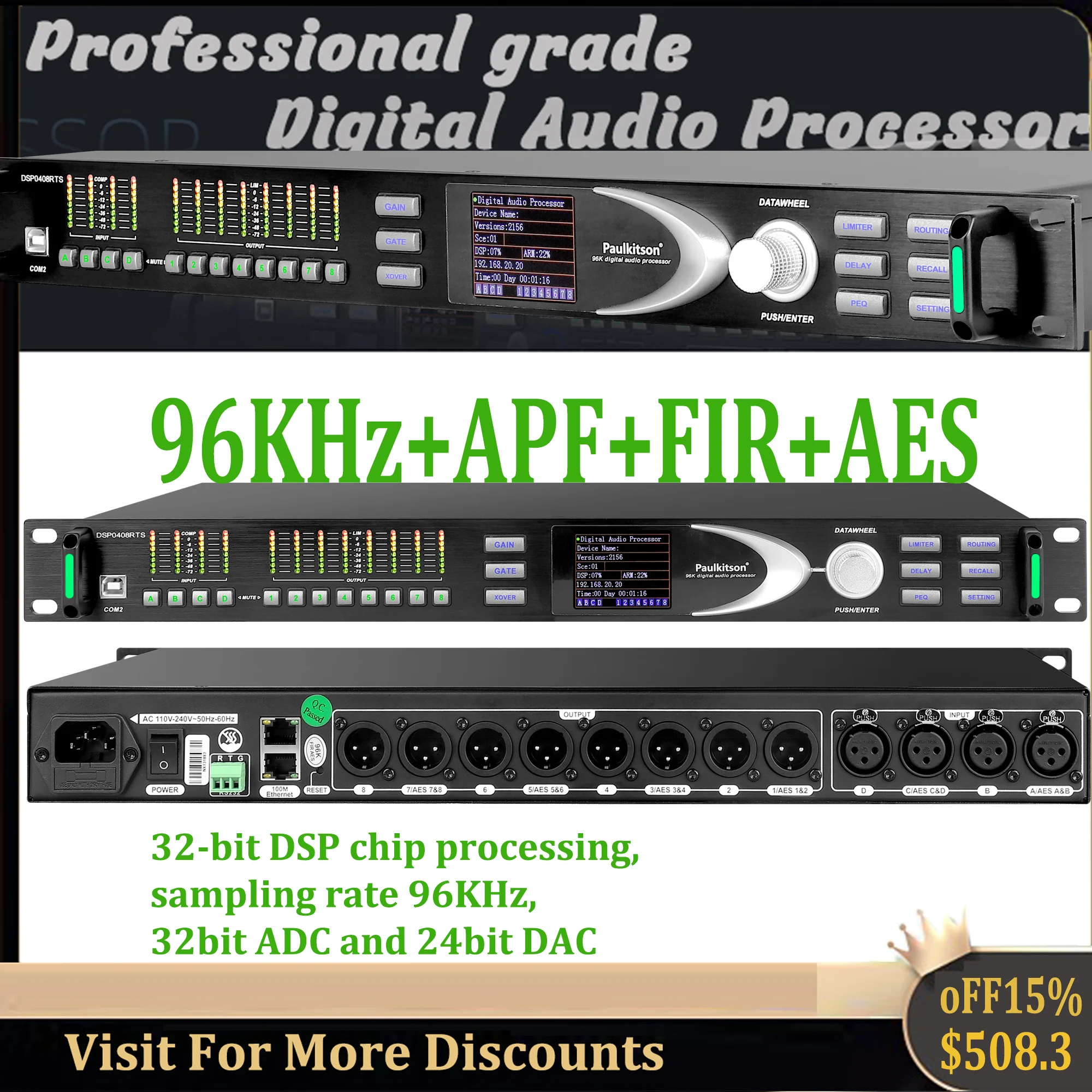 Paulkitson DSP0408RTS Professional Stage Digital Audio Processor  96KHz 32Bit DSP 16Band EQ With AES FIR Speaker Audio Equipment