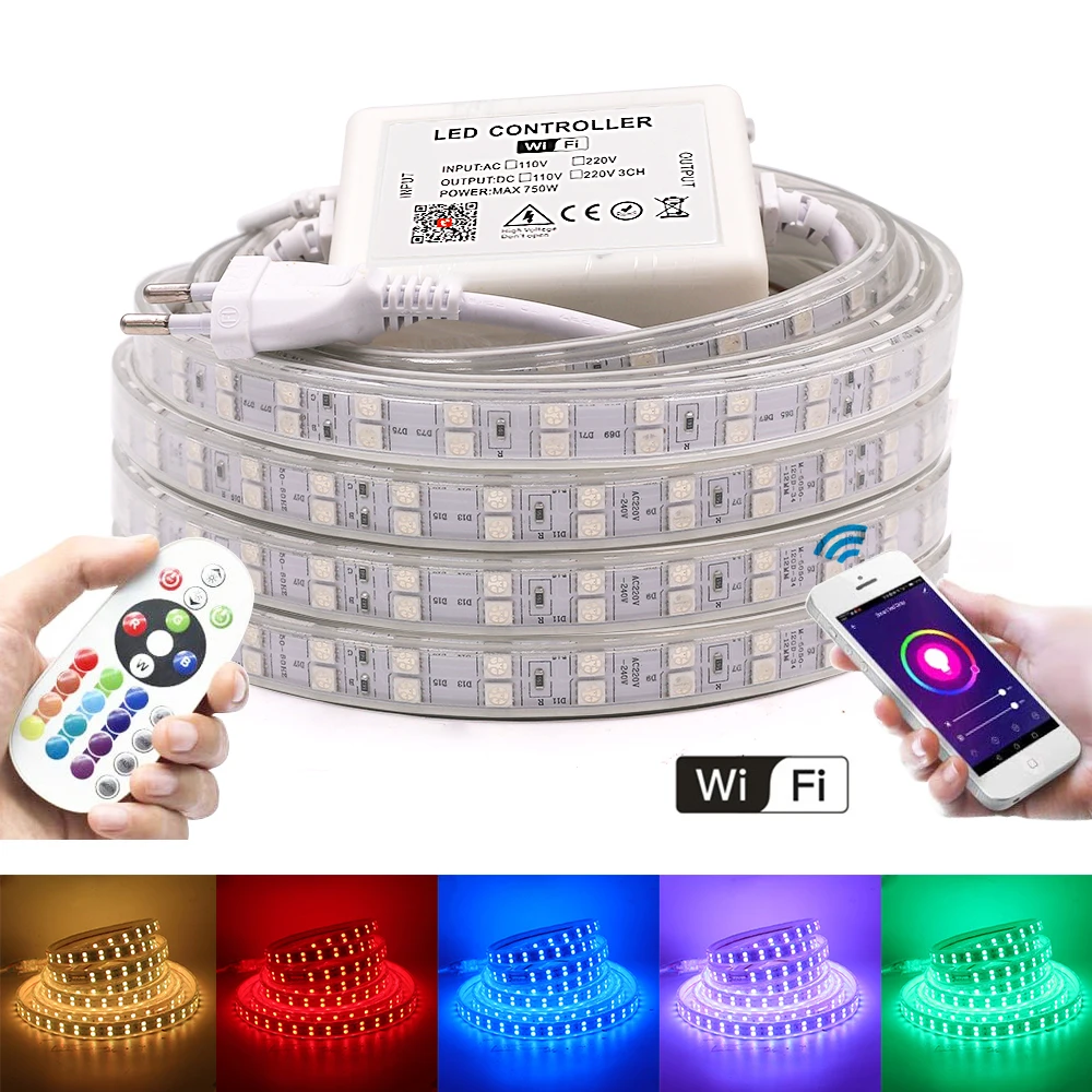 

RGB LED Strip Light Wifi Flexible LED Tape+24Key Remote 5050 60leds 120Leds Waterproof LED Ribbon Stripe 110V US 220V EU AU UK