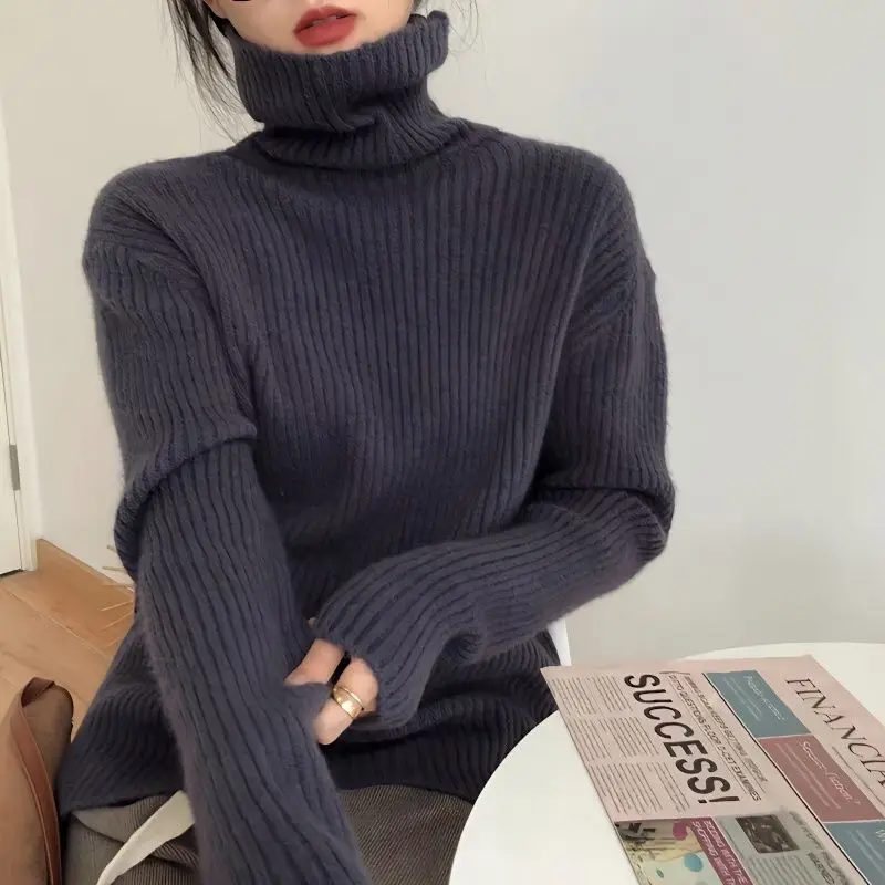 

Knitted Sweater Women High Neck Ribbed Long Sleeve Silm Fit Solid Pollover Knitwears Fall Winter Casual Lady Bottoming Top D75