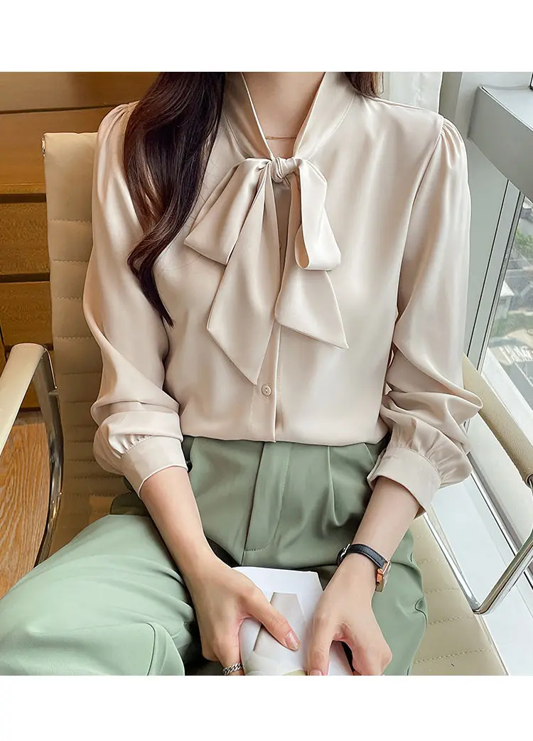 Korean Lacing Loose Solid Blouse Spring Autumn New Chiffon Long Sleeve All-match Elegant Shirt Tops Fashion Office Women Clothes