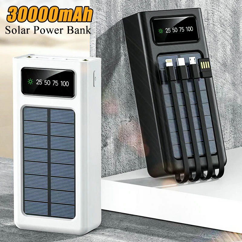 

Solar Power Bank 30000mAh Portable Charger PowerBank Built in 4 Cables LED Digital Display Poverbank External Battery Power Bank