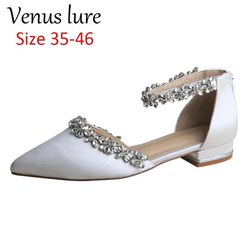Venus Lure Wedding Flat Shoes Pointed Toe Satin Ivory Bridal Shoes Crystal Brooch